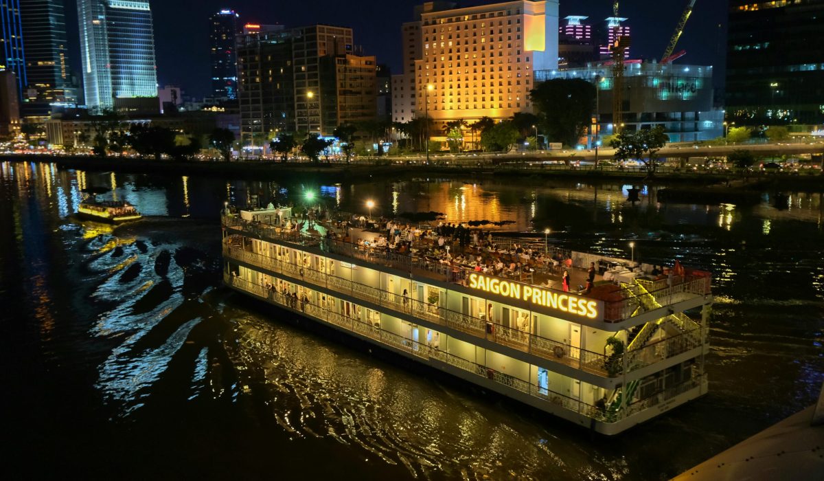 Saigon Princess cruise on a nighttime journey along the vibrant Saigon River in Ho Chi Minh City.